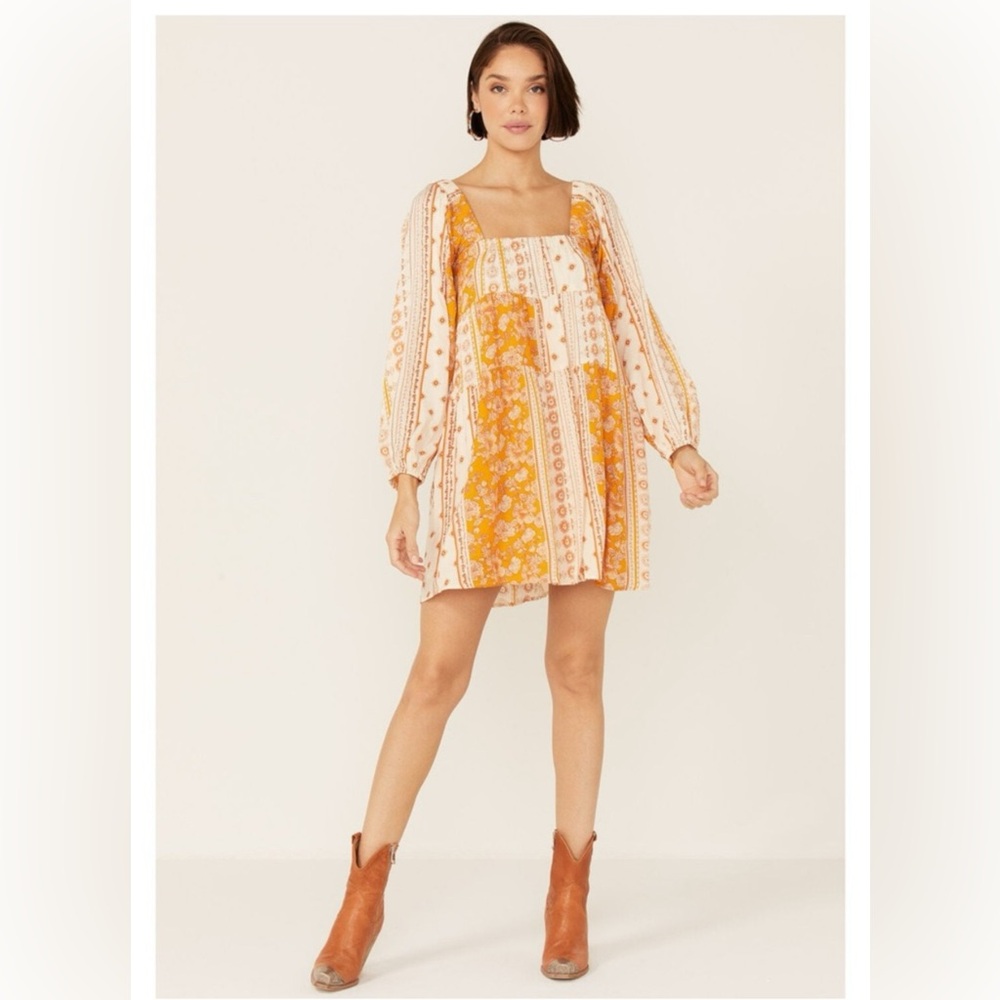 Square-Neck Floral Patchwork Mini Dress in Mustard and Cream